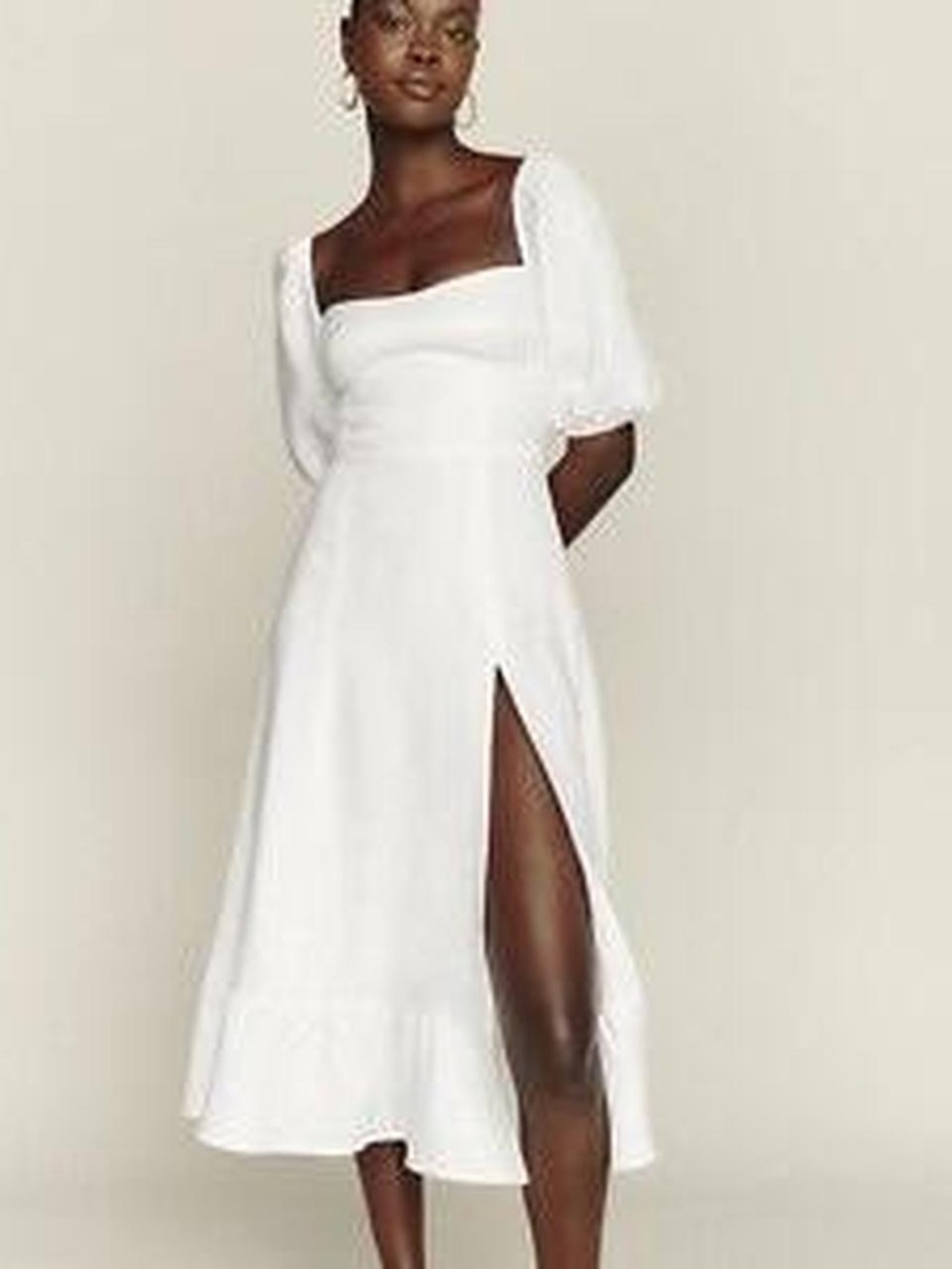 Reformation Belgium White Square-Neck Midi Dress with Side Slit